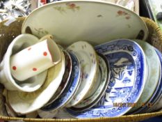 WICKER BASKET CONTAINING PLATES, WILLOW PATTERN ETC