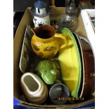 BOX CONTAINING MIXED CHINA WARES, GLASS WARES, FROG ORNAMENT ETC