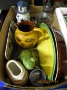 BOX CONTAINING MIXED CHINA WARES, GLASS WARES, FROG ORNAMENT ETC