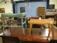 BEECHWOOD FRAMED ROPE TOP STOOL TOGETHER WITH A FURTHER LLOYD LOOM GREEN WICKER STOOL (2)