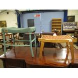 BEECHWOOD FRAMED ROPE TOP STOOL TOGETHER WITH A FURTHER LLOYD LOOM GREEN WICKER STOOL (2)