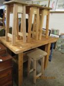 PINE PLANK TOP TWO-TIER TABLE WITH A SET OF FOUR PINE STOOLS (5)