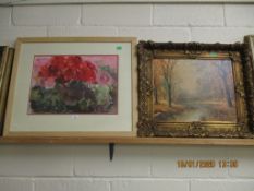 SIGNED WATERCOLOUR BY DIANA REEVE AND A GILT FRAMED PRINT (2)