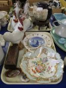 TRAY CONTAINING A SATSUMA VASE, TWO COCKEREL TYPE ORNAMENTS, CLOCK, 19TH CENTURY PLATE ETC