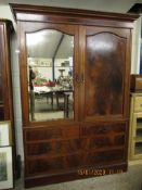 EDWARDIAN MAHOGANY AND SATINWOOD BANDED WARDROBE WITH ONE MIRRORED DOOR AND PANELLED DOOR ABOVE