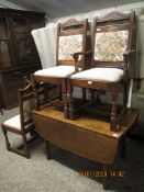 OAK EFFECT DROP LEAF TABLE AND A SET OF FIVE OAK FRAMED DINING CHAIRS COMPRISING FOUR DINING AND ONE