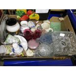 BOX CONTAINING MIXED CHINA WARES, TWO CRANBERRY VASES ETC