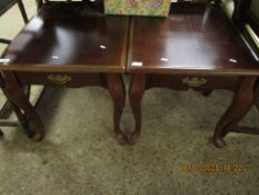 PAIR OF TEAK FRAMED BEDSIDE TABLES WITH SINGLE DRAWER ON RAISED SHAPED PAD FEET