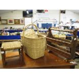 RUSTIC PINE MAGAZINE RACK TOGETHER WITH A FURTHER RATTAN TOP BEECHWOOD STOOL AND A WICKER BASKET (
