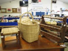 RUSTIC PINE MAGAZINE RACK TOGETHER WITH A FURTHER RATTAN TOP BEECHWOOD STOOL AND A WICKER BASKET (