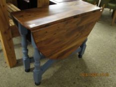 PINE TOP DROP LEAF TABLE WITH A BLUE PAINTED BASE