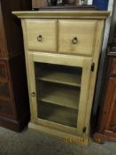 BEECHWOOD CABINET WITH TWO DRAWERS OVER SINGLE GLAZED CUPBOARD DOOR