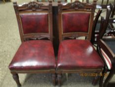 PAIR OF EDWARDIAN WALNUT CARVED LARGE DINING CHAIRS WITH RED LEATHER UPHOLSTERY