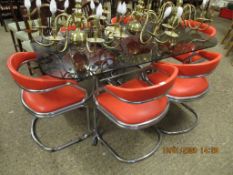 GOOD QUALITY RETRO GLASS TOP AND CHROMIUM BASED TABLE AND A SET OF SIX ORANGE REXINE AND CHROMIUM