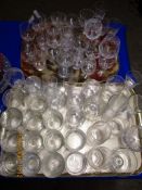 TWO TRAYS OF ASSORTED GLASS WARES, TUMBLERS, WINE GLASSES ETC