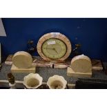 ART DECO TOSCA MARBLE CLOCK GARNITURE WITH CIRCULAR DIAL, MOUNTED EITHER SIDE WITH PEWTER