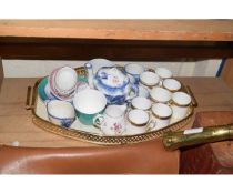 TRAY CONTAINING MIXED TUSCAN GILDED RIM COFFEE CANS, BLUE AND WHITE PRINTED MINIATURE TEA POT ETC