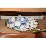 TRAY CONTAINING MIXED TUSCAN GILDED RIM COFFEE CANS, BLUE AND WHITE PRINTED MINIATURE TEA POT ETC