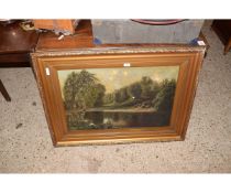 GILT FRAMED OIL ON CANVAS OF A WOODED RIVER SCENE