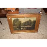 GILT FRAMED OIL ON CANVAS OF A WOODED RIVER SCENE