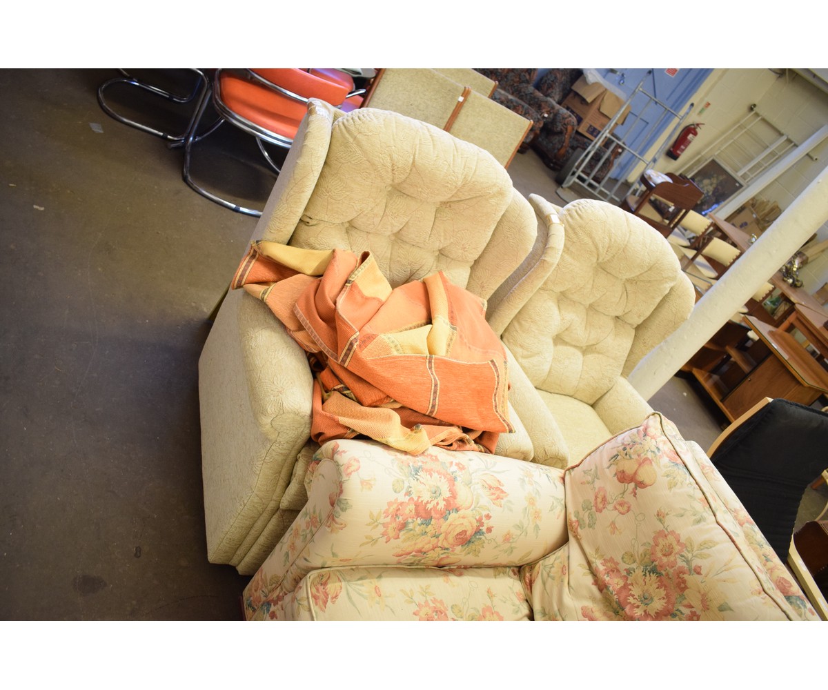 PAIR OF CREAM FLORAL UPHOLSTERED WING ARMCHAIRS
