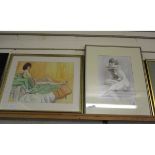 PRINT BY DAVID KILLICK OF A NUDE, AND A WATERCOLOUR OF A NUDE LADY RECLINING ON A BED (2)