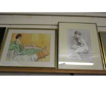 PRINT BY DAVID KILLICK OF A NUDE, AND A WATERCOLOUR OF A NUDE LADY RECLINING ON A BED (2)