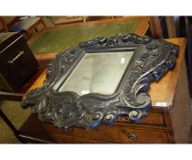 VICTORIAN OAK GOTHIC WALL MIRROR WITH HEAVILY CARVED DECORATION