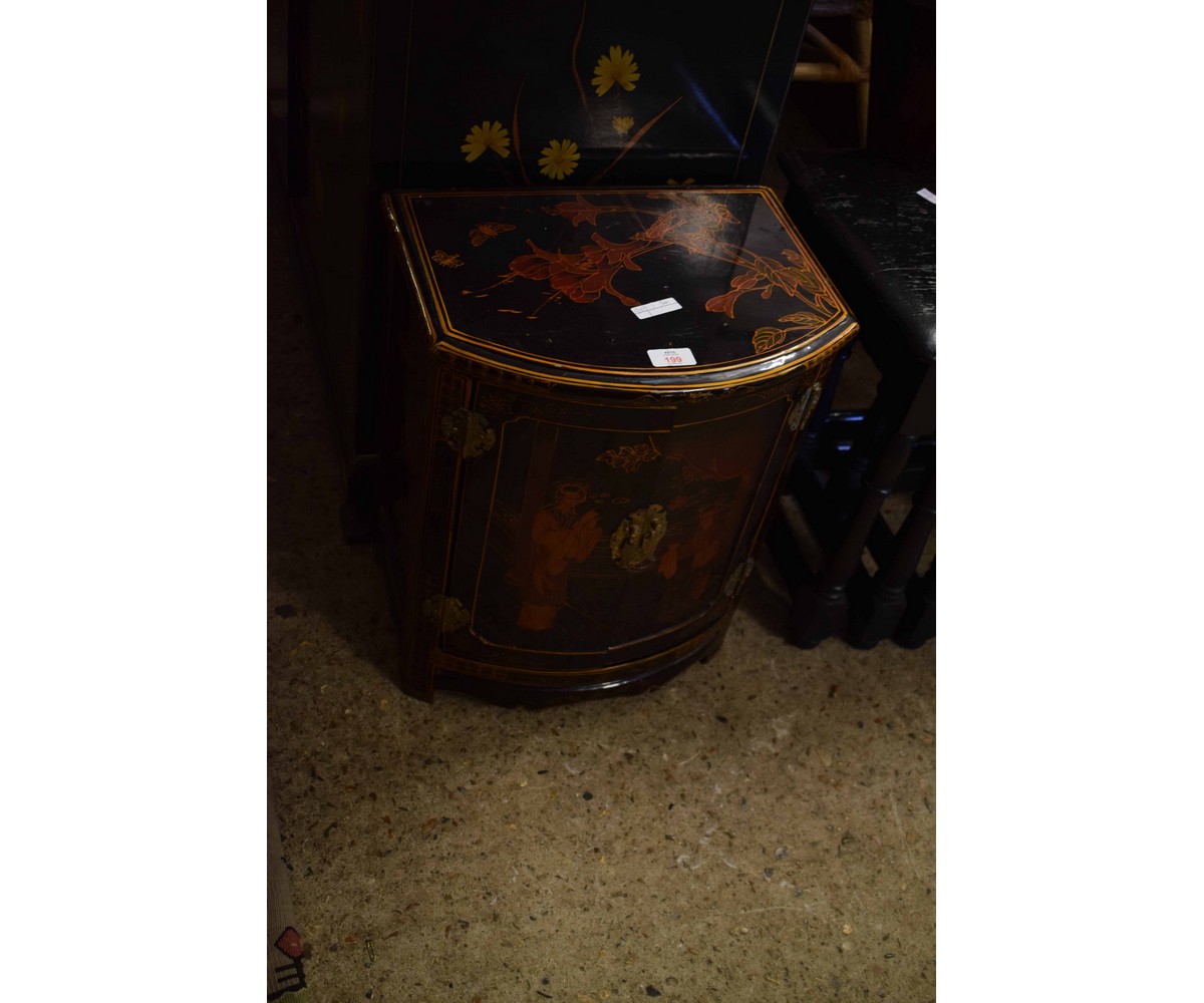 PAIR OF PAINTED AND LACQUERED SMALL PROPORTIONED BOW FRONTED TWO DRAWER SIDE CABINETS (2)