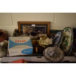 BOX CONTAINING MASONS PLATES, WEDGWOOD SILVER PLATED MOUNTED BISCUIT BARREL ETC