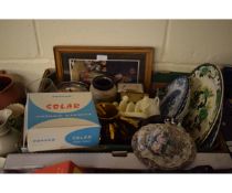 BOX CONTAINING MASONS PLATES, WEDGWOOD SILVER PLATED MOUNTED BISCUIT BARREL ETC