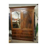 EDWARDIAN MAHOGANY AND SATINWOOD BANDED WARDROBE WITH ONE MIRRORED DOOR AND PANELLED DOOR ABOVE