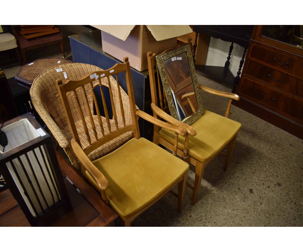 PAIR OF BEECHWOOD ARMCHAIRS WITH YELLOW UPHOLSTERED SEATS
