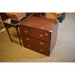 TEAK FRAMED CAMPAIGN TYPE CHEST WITH THREE DRAWERS WITH BRASS INSET HANDLES AND MOUNTS