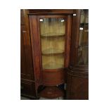 MAHOGANY INLAID BOW FRONTED CORNER CUPBOARD WITH SINGLE GLAZED DOOR WITH OPEN SHELF