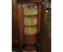 MAHOGANY INLAID BOW FRONTED CORNER CUPBOARD WITH SINGLE GLAZED DOOR WITH OPEN SHELF