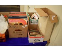 FOUR BOXES OF MIXED VINYL RECORDS, SINGLES, CDS ETC