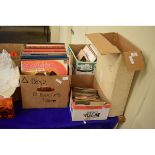 FOUR BOXES OF MIXED VINYL RECORDS, SINGLES, CDS ETC