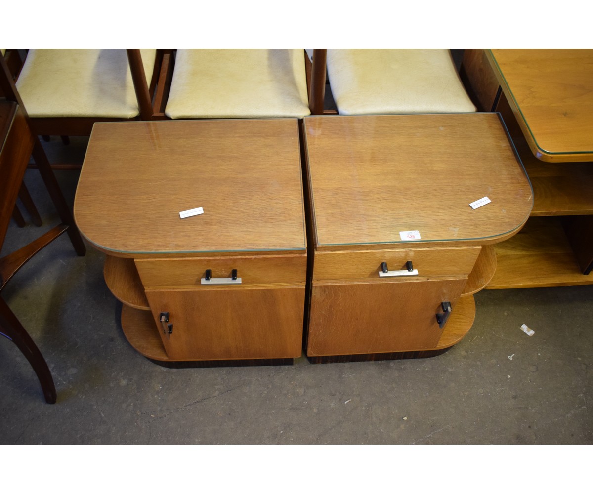 PAIR OF RETRO OAK FRAMED BEDSIDE CUPBOARDS WITH SINGLE DRAWER OVER CUPBOARD DOOR WITH OPEN SHELVES