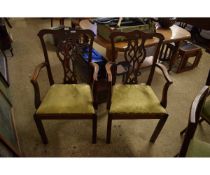 PAIR OF MAHOGANY SPLAT BACK ARMCHAIRS WITH GREEN DROP IN SEATS ON SQUARE LEGS (2)