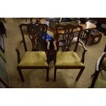 PAIR OF MAHOGANY SPLAT BACK ARMCHAIRS WITH GREEN DROP IN SEATS ON SQUARE LEGS (2)