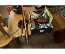 TWO TREEN TURNED HANDLES, FIRE IRONS, MODEL OF A CAT, CRIBBAGE BOARD ETC