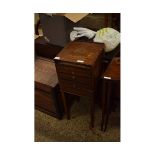 EDWARDIAN MAHOGANY SIDE TABLE FITTED WITH FOUR DRAWERS WITH DROPLET HANDLES ON TAPERING SQUARE SPADE