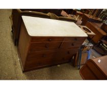 VICTORIAN MAHOGANY MARBLE TOP CHEST OF SIX DRAWERS WITH TURNED KNOB HANDLES WITH MARBLE TOP