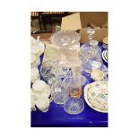 MIXED LOT OF GLASS WARES, CAKE STANDS, DECANTERS ETC