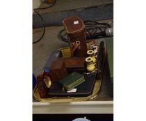 TRAY CONTAINING IVORY OPERA GLASSES, CASED SET OF BINOCULARS, TABLE TOP BOX, BAYARD TRAVEL CLOCK