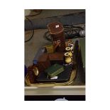 TRAY CONTAINING IVORY OPERA GLASSES, CASED SET OF BINOCULARS, TABLE TOP BOX, BAYARD TRAVEL CLOCK