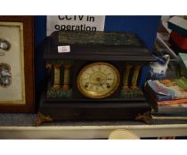 WOODEN MOCK MARBLE AND SLATE MANTEL CLOCK WITH SILVERED ARABIC CHAPTER RING