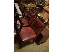 PAIR OF EDWARDIAN WALNUT CARVED LARGE DINING CHAIRS WITH RED LEATHER UPHOLSTERY