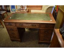 TEAK FRAMED TWIN PEDESTAL DESK WITH GREEN LEATHER INSERT